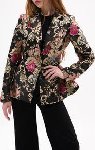 AZALEA WANG Metallic Floral Jacquard Peplum Blazer