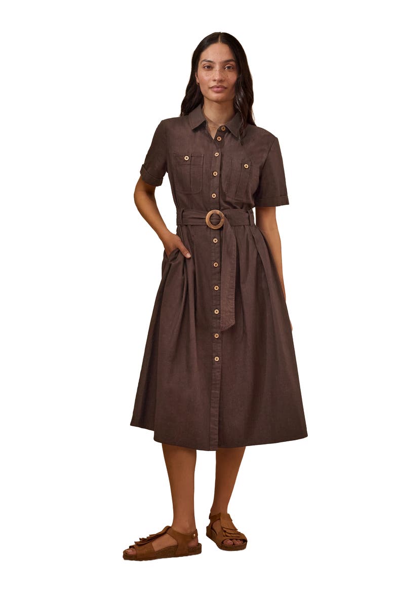 Belted Safari Midi Shirt Dress, Main, color, Chocolate Brown