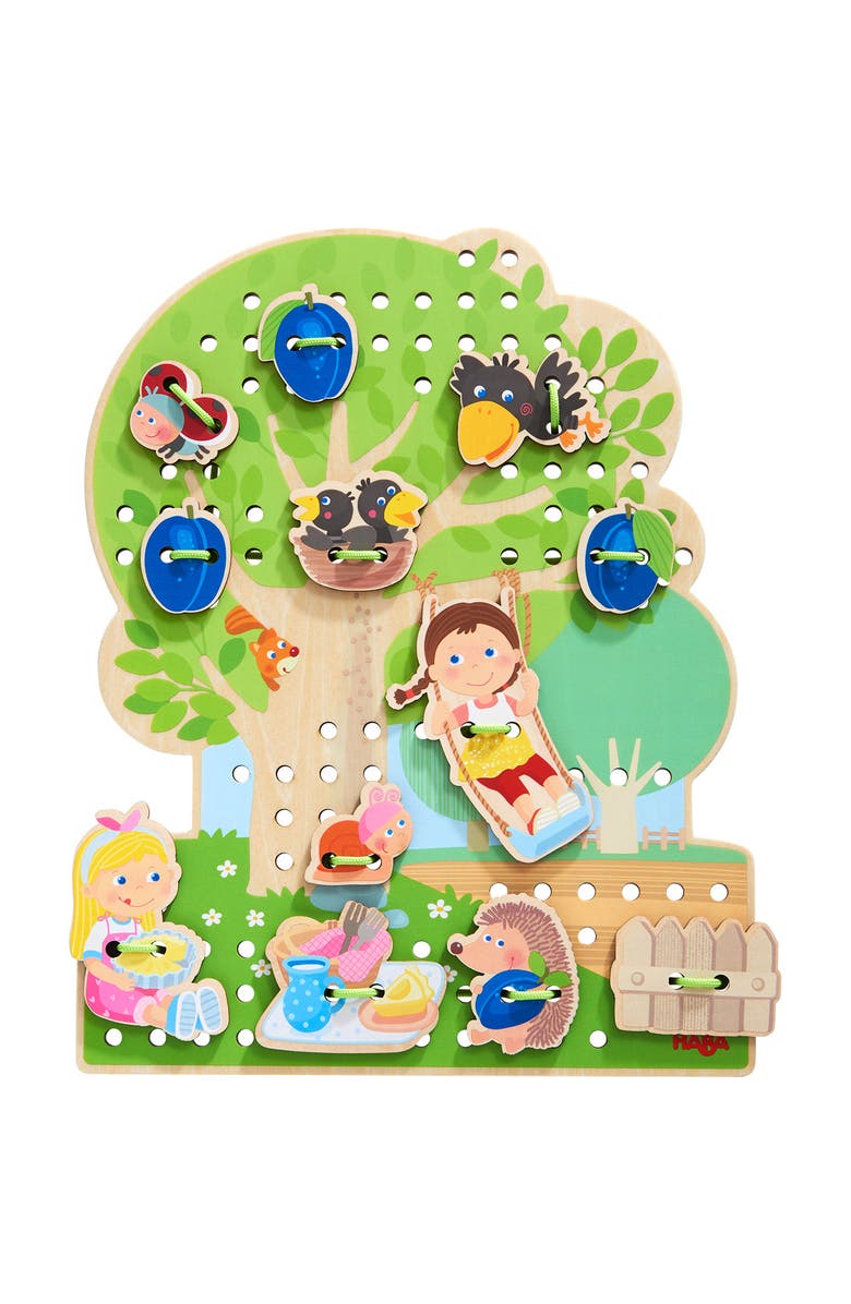 HABA Orchard Threading Game for Kids Ages 3-5, Lacing Tiles for Fine Motor Skills Development, Montessori Learning Toy for Preschoolers, Main, color, Multi