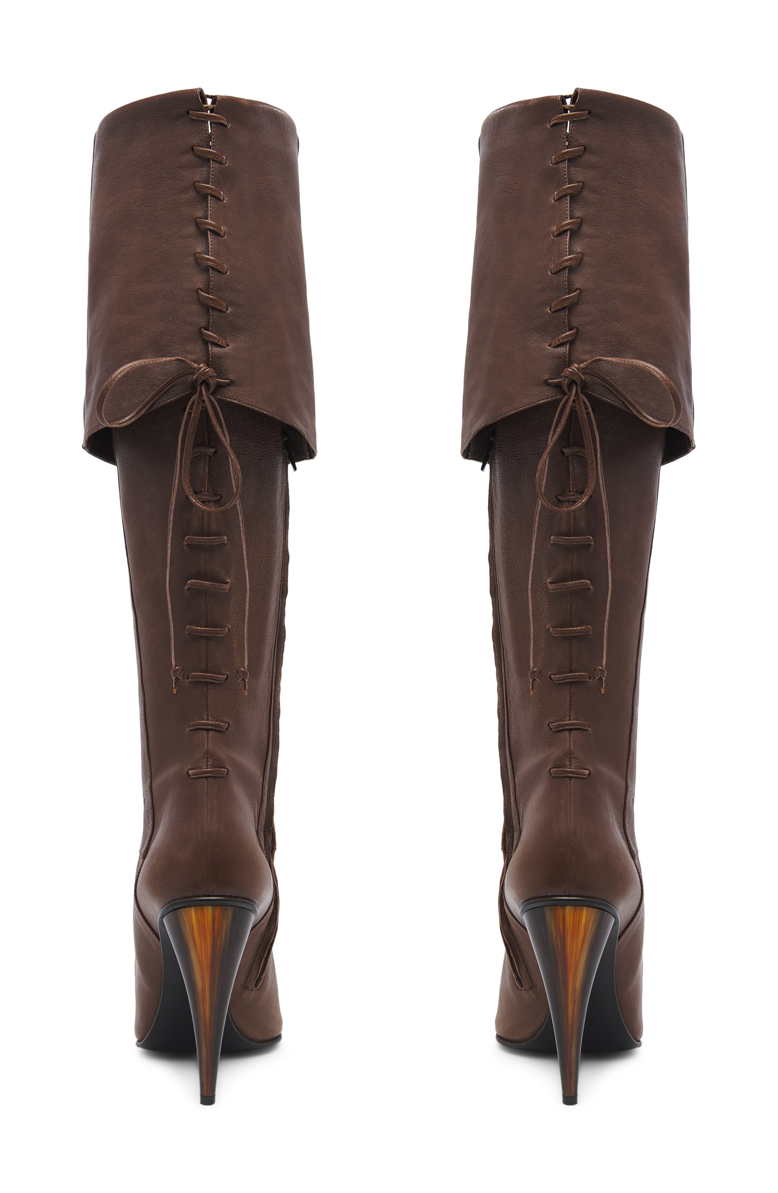 McQueen Horn Shaped Heel Lace-Up Knee High Boot, Alternate, color, Coffee
