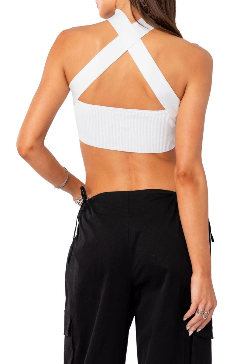 EDIKTED Westy Choker Rib Bandeau Crop Top, Alternate, color, White