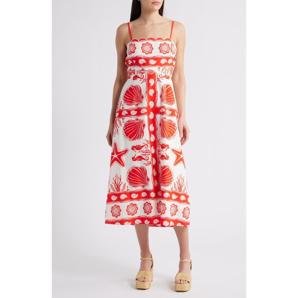 Moon River Printed Scallop Neck Midi Dress