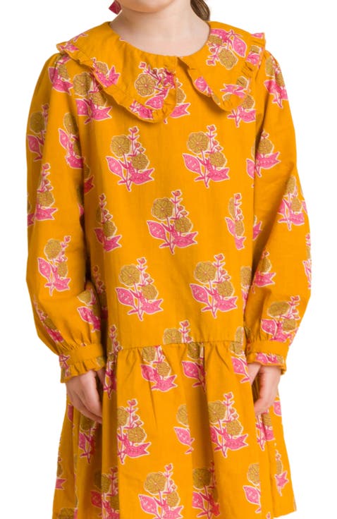 Girls' Wide Collar Long Sleeve Dress with Low Waist