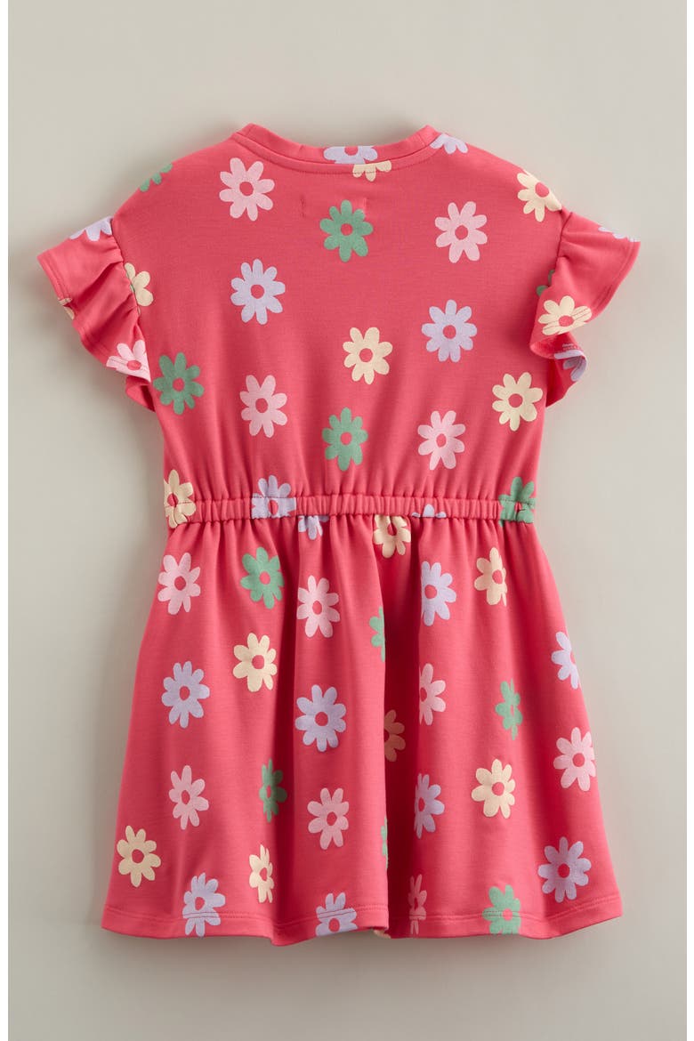Kids' Print Flutter Sleeve Fleece Dress, Alternate, color, PINK FLAMBE RAINBOW DAISY