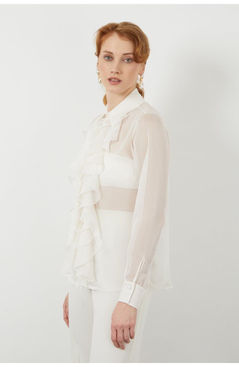 Gizia Sheer Ruffle Front Off-White Long-Sleeve Blouse, Main, color, Ecru