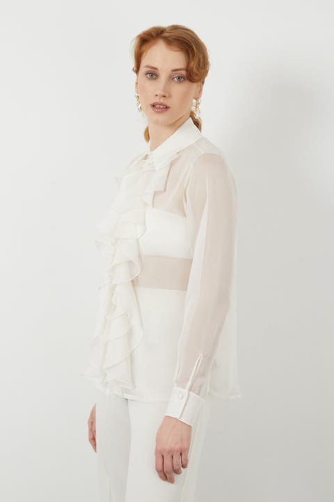 Sheer Ruffle Front Off-White Long-Sleeve Blouse