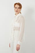 Gizia Sheer Ruffle Front Off-White Long-Sleeve Blouse