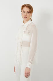 Gizia Sheer Ruffle Front Off-White Long-Sleeve Blouse