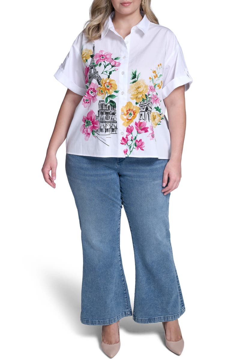 KARL LAGERFELD PARIS Floral Placement Cotton Poplin Button-Up Shirt, Alternate, color, White