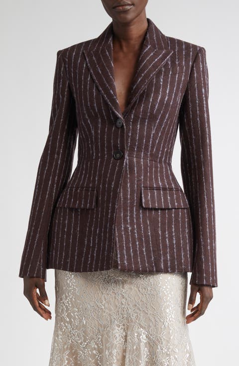 Pinstripe Fitted Single Breasted Wool & Mohair Blend Blazer