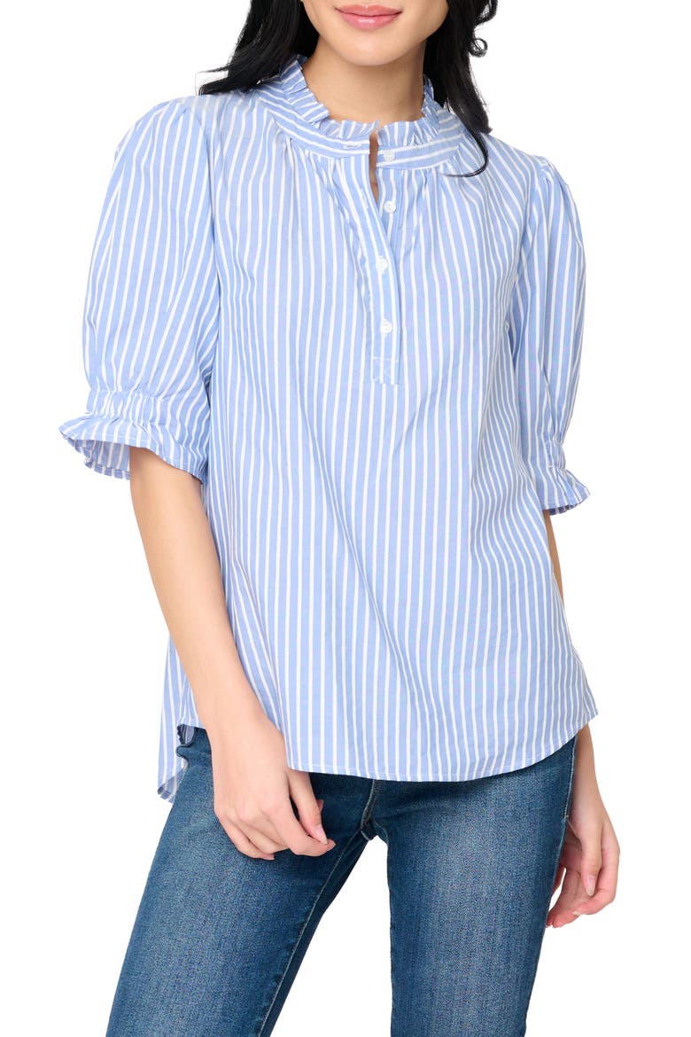 Dianthus Puff Sleeve Henley Shirt, Main, color, FRENCH BLUE WHITE STRIPE