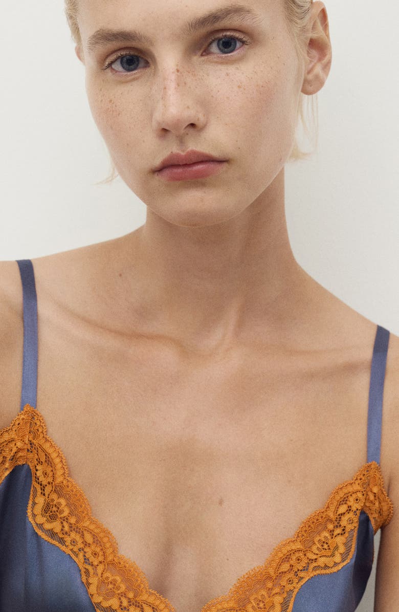 MANGO Contrast Lace Silk Camisole, Alternate, color, Ink Blue