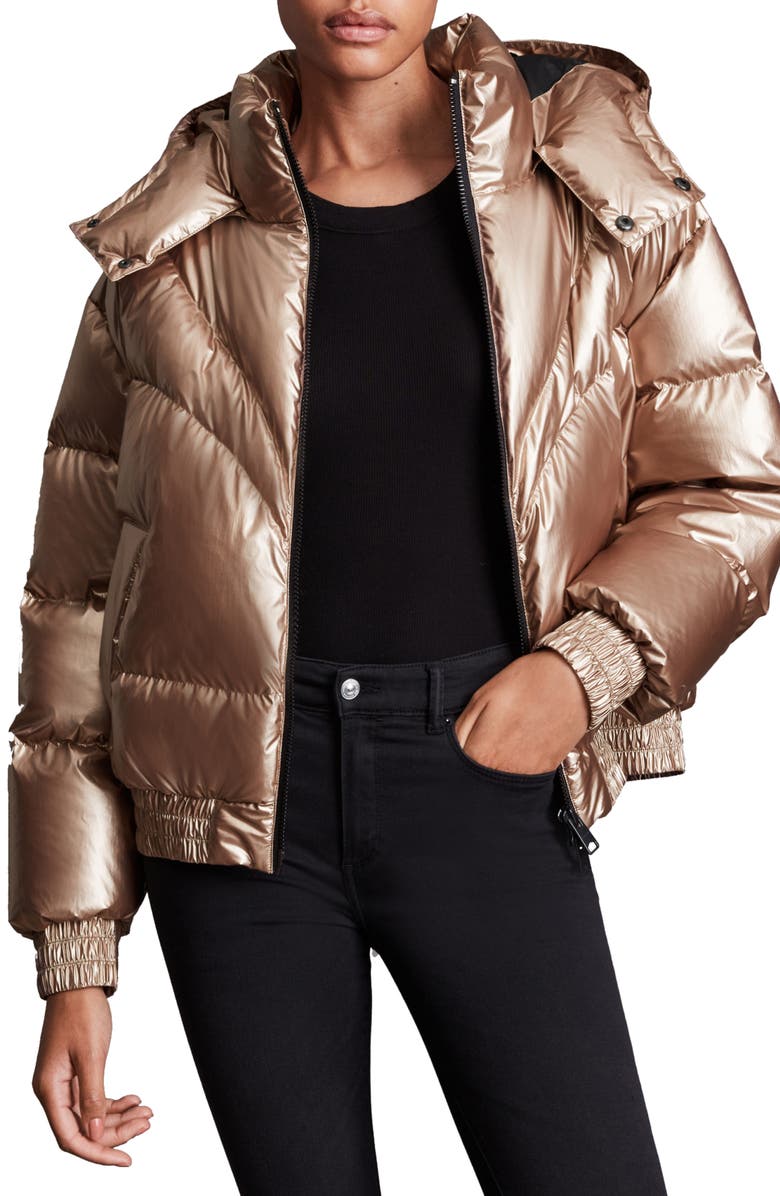 AllSaints Mika Hooded Metallic Down Puffer Jacket, Main, color, Rose Pink