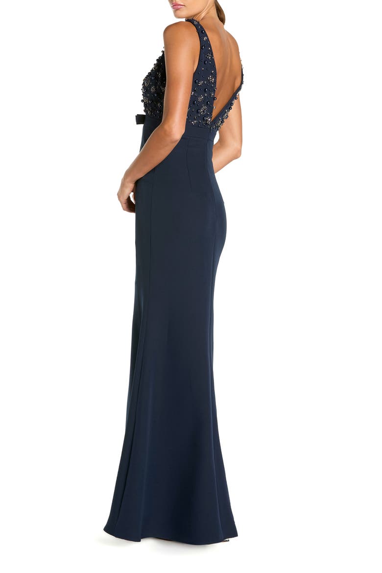 Petite Crepe Sleeveless Beaded V Neck Gown With Bow, Alternate, color, Midnight