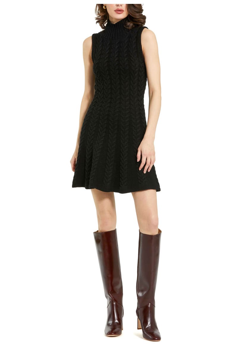 Mac Duggal Cable Knit Turtle Neck Sleeveless Mini Dress, Main, color, Black