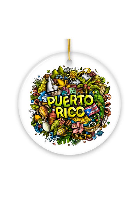 Puerto Rico Tropical Doodle Collage Ceramic Ornament