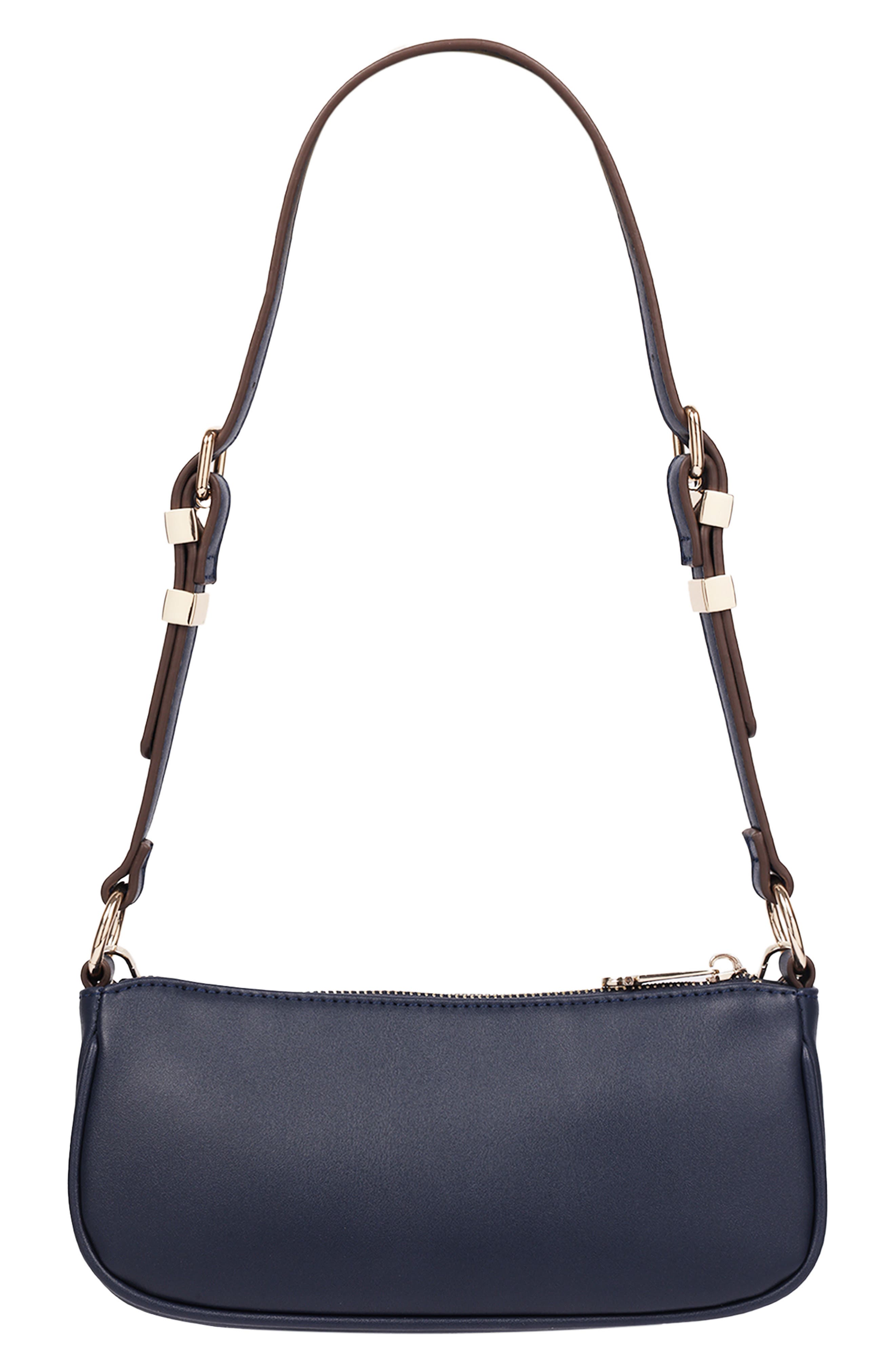 Studded Chain Faux Leather Shoulder Bag, Alternate, color, NAVY