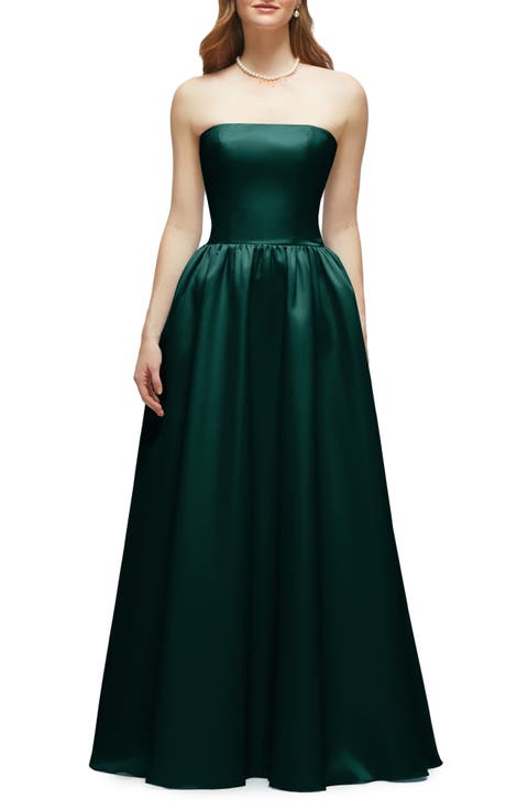 Strapless Drop Waist Satin Twill Gown