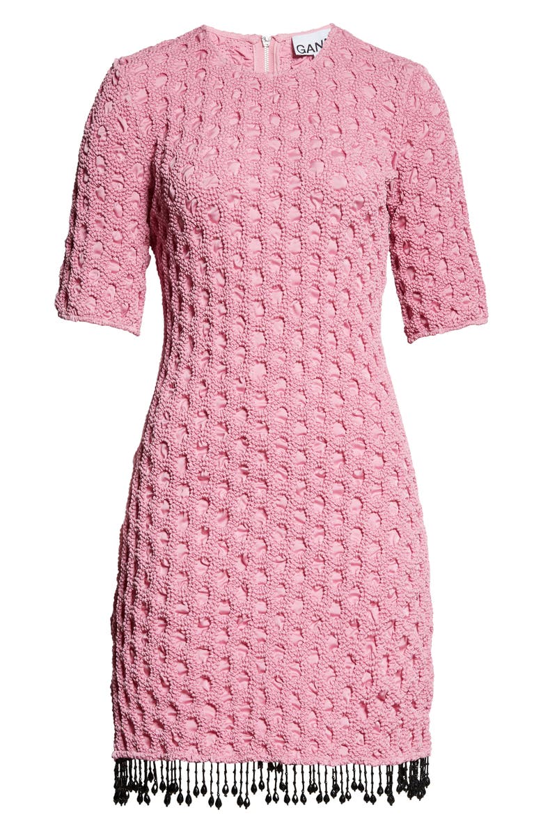 Ganni Smocked Satin Short Sleeve Dress, Alternate, color, 