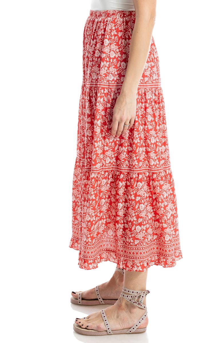 MAX STUDIO Floral Wreath Print Tiered Cotton Blend Maxi Skirt, Alternate, color, Washed Red Vintage Stencil