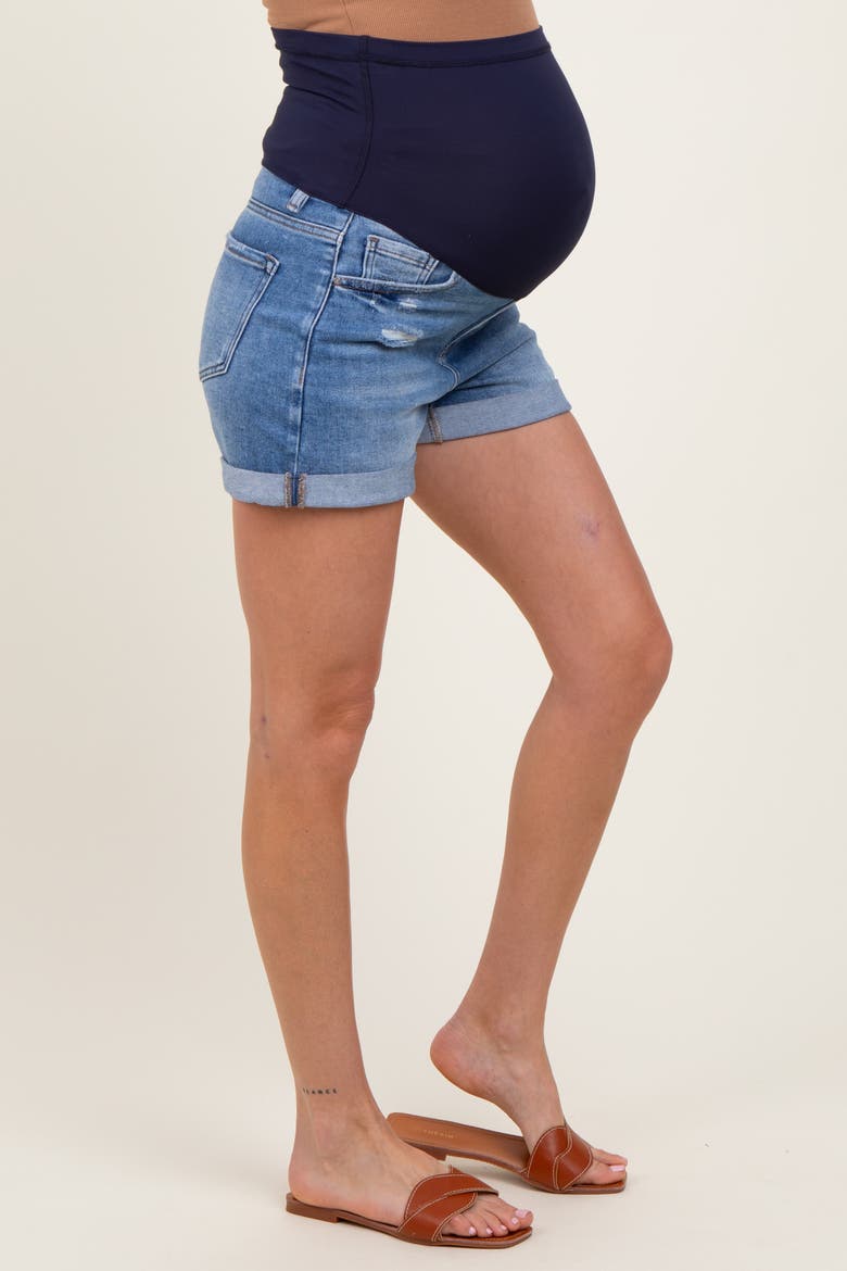 Distressed Rolled Cuff Maternity Jean Shorts, Alternate, color, Navy Blue