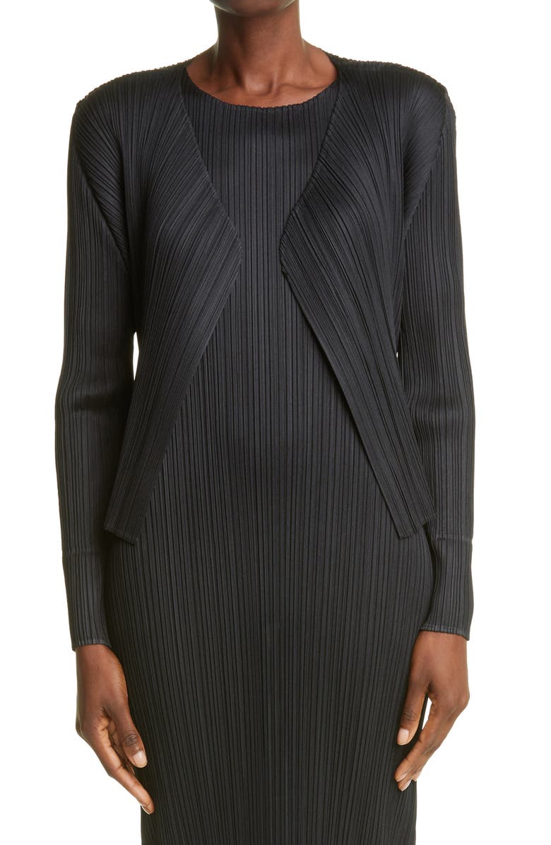 Pleats Please Issey Miyake Pleats Pleats Issey Miyake Pleated Open Front Crop Cardigan, Main, color, Black