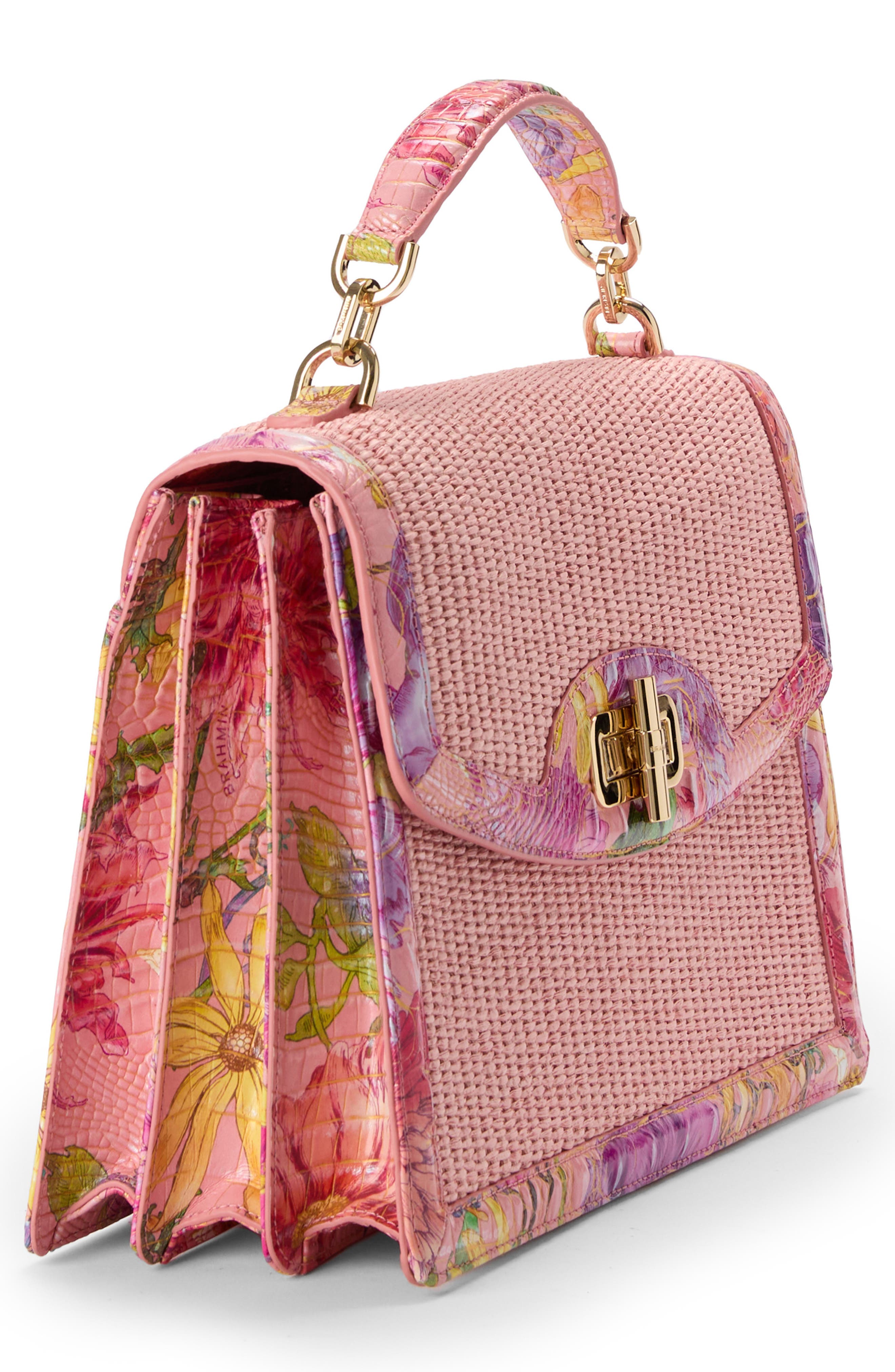 Brahmin Small Hallie Woven Straw & Croc Embossed Leather Satchel, Alternate, color, 