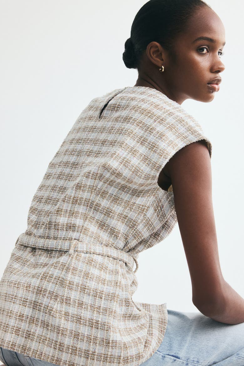 Belted Bouclé-knit Top, Alternate, color, Light dusty blue/plaid