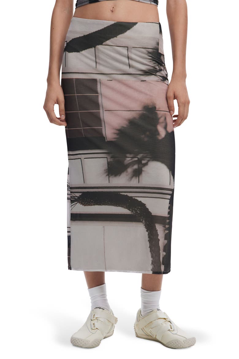Abstract Print Mesh Midi Skirt, Main, color, MONBEAN GRAY