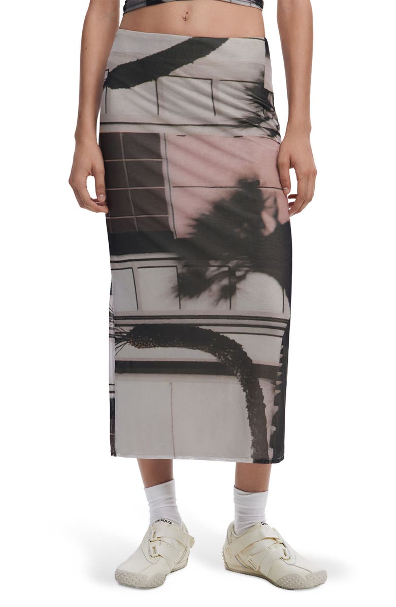 Desigual Abstract Print Mesh Midi Skirt, Main, color, Monbean Gray
