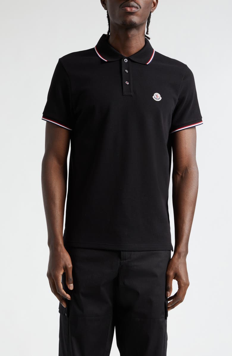Moncler Tipped Cotton Piqué Polo, Main, color, Black