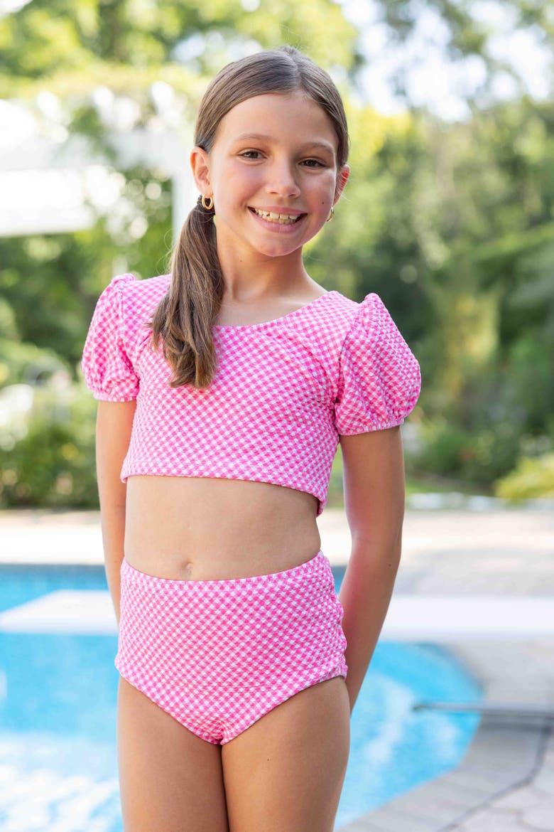 Gingham Puff Sleeve Bikini, Alternate, color, Pink/White