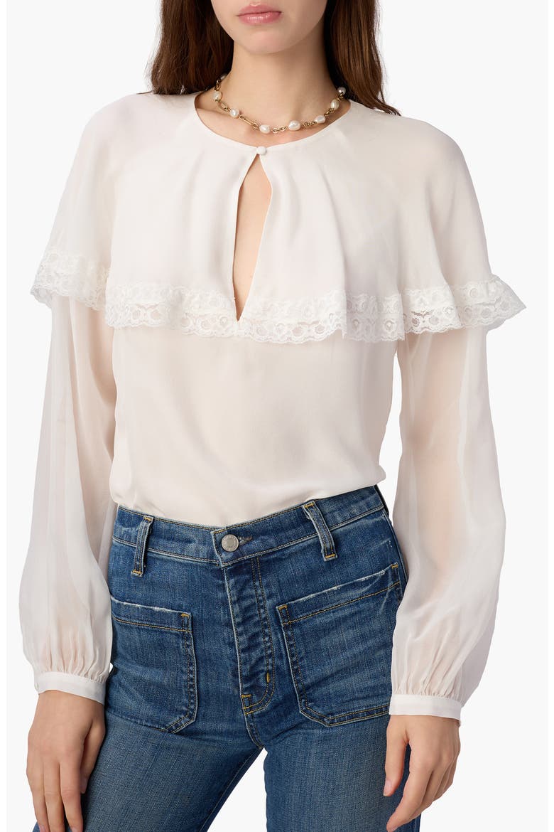 Marila Lace Trim Ruffle Silk Chiffon Top, Main, color, WHITE
