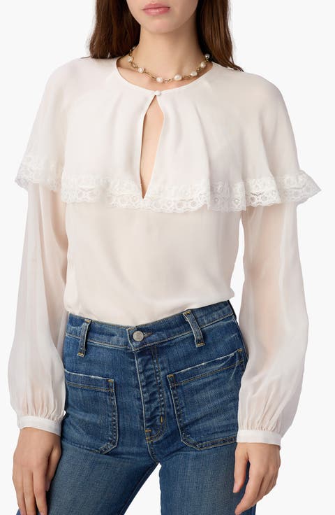 Marila Lace Trim Ruffle Silk Chiffon Top