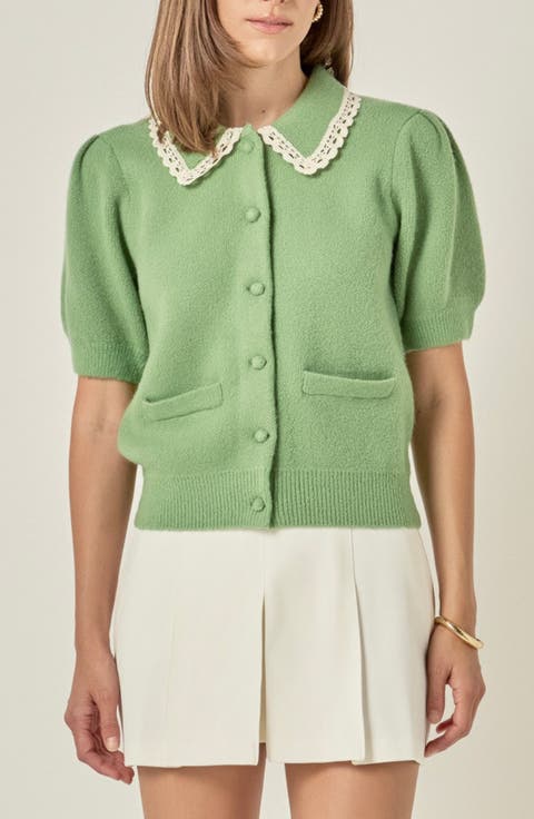 Lace Trim Puff Sleeve Cardigan