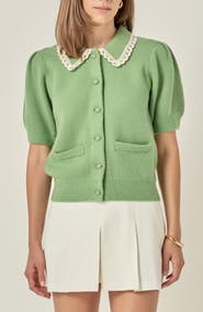 English Factory Lace Trim Puff Sleeve Cardigan