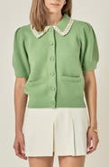 English Factory Lace Trim Puff Sleeve Cardigan