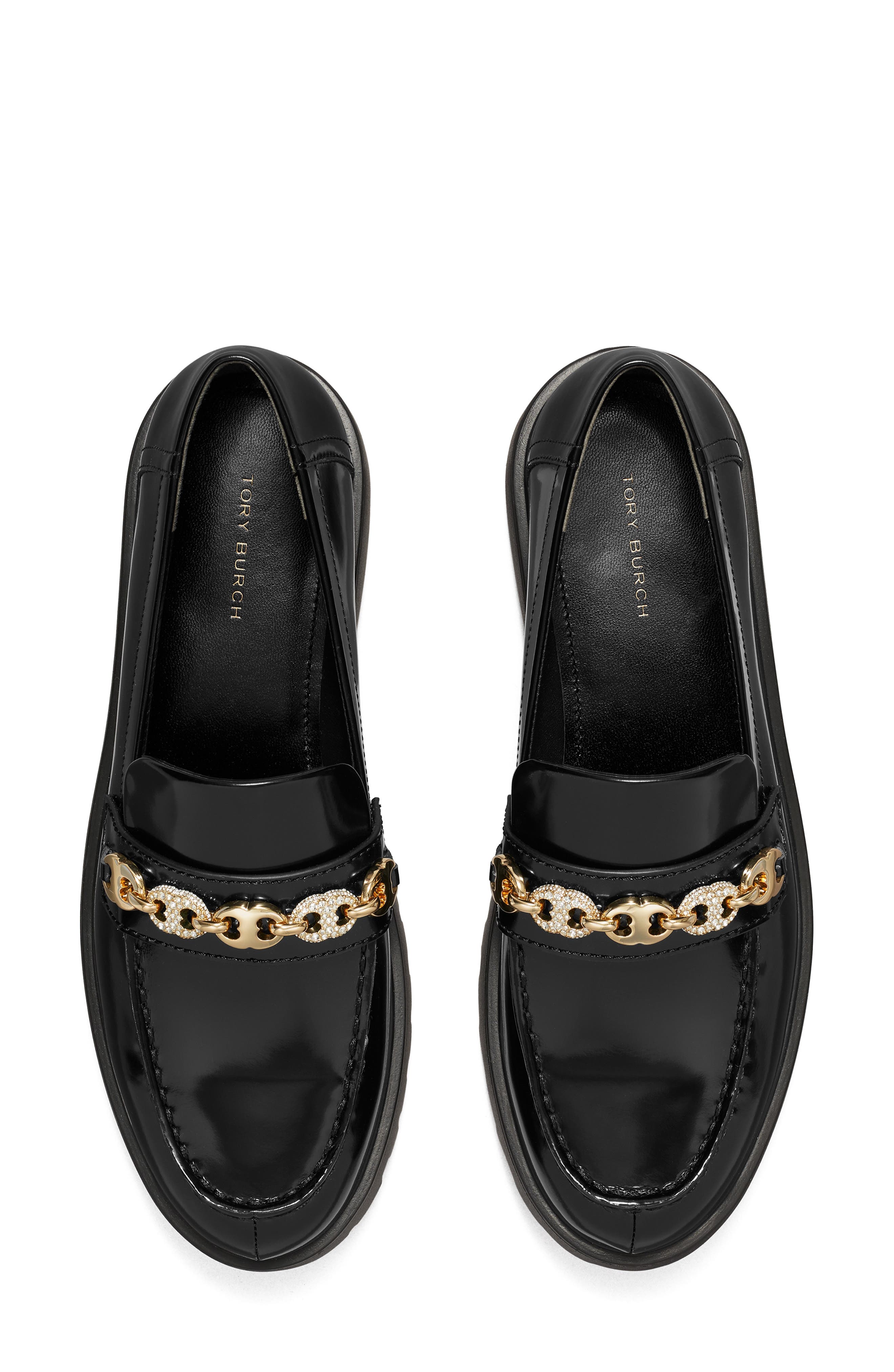 Tory Burch Gemini Embellished Lug Sole Loafer, Alternate, color, Perfect Black / Gold