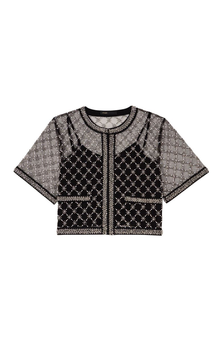 maje Embroidered tulle top, Alternate, color, Black