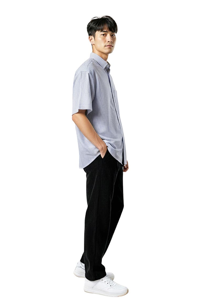 Oversize Pinstripe Short Sleeve Button-Up Oxford Shirt, Alternate, color, NAVY