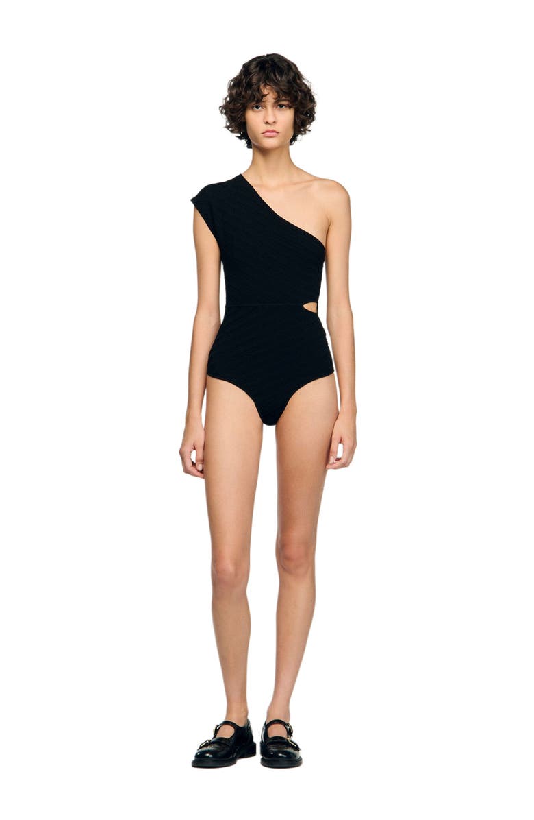 SANDRO Asymmetric knit bodysuit, Alternate, color, Black