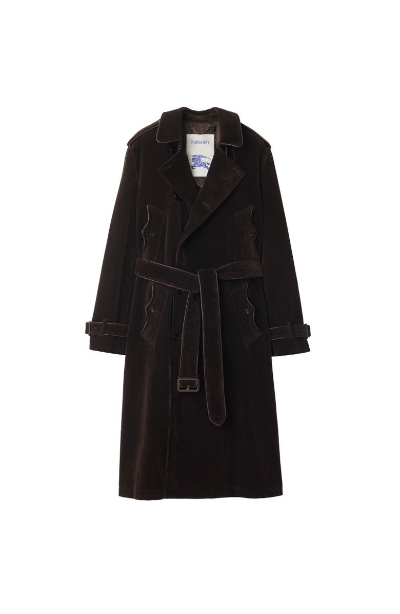 Burberry Long Corduroy Trench Coat, Alternate, color, Clove Brown