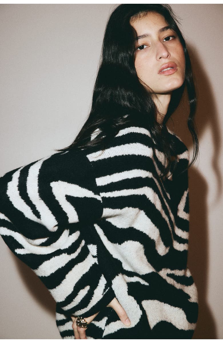 H&M Jacquard-knit Jumper, Alternate, color, Black/Zebra Print