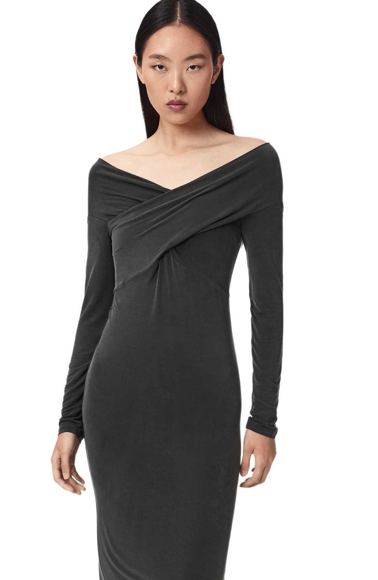 AllSaints Delta Off the Shoulder Long Sleeve Maxi Dress, Alternate, color, Black