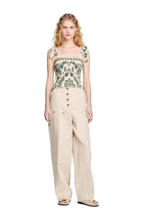 Sandro Floral Motif Smocked Top In Ecru/green