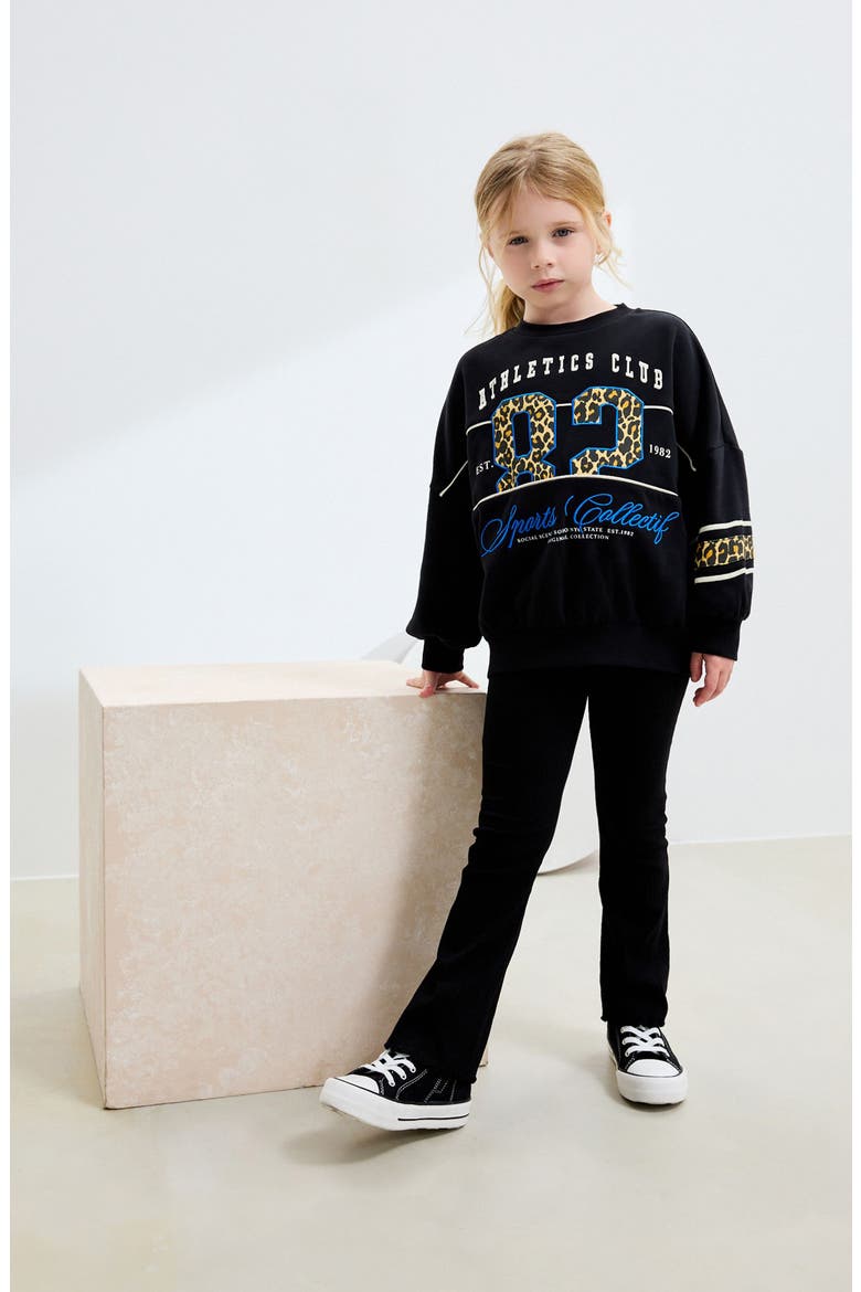 Kids' Leopard Print Varsity Sweatshirt, Alternate, color, BLACK