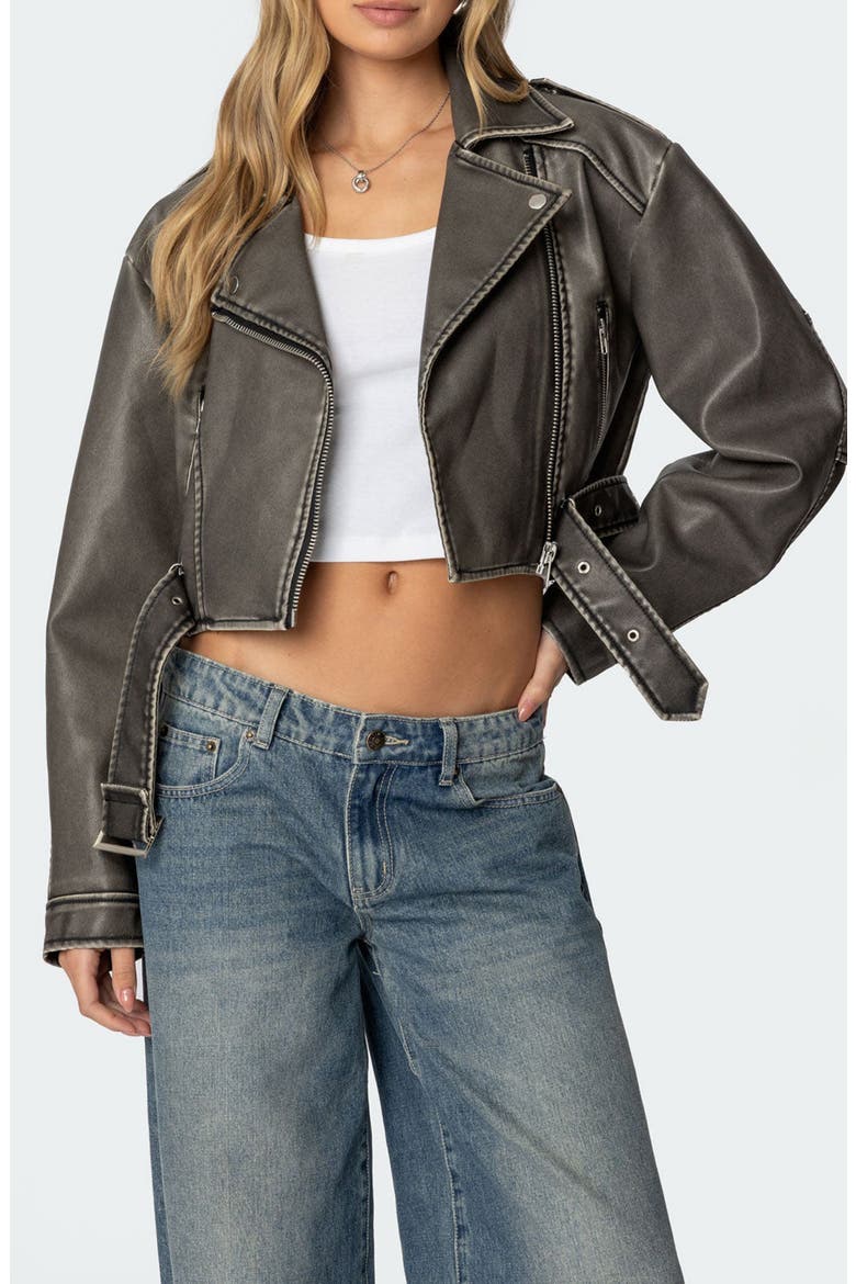 Washed Faux Leather Moto Jacket, Main, color, GRAY-WASHED
