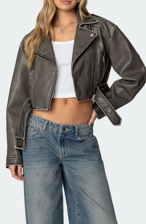 Washed Faux Leather Moto Jacket
