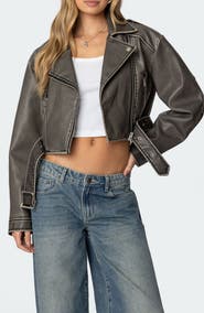 EDIKTED Washed Faux Leather Moto Jacket
