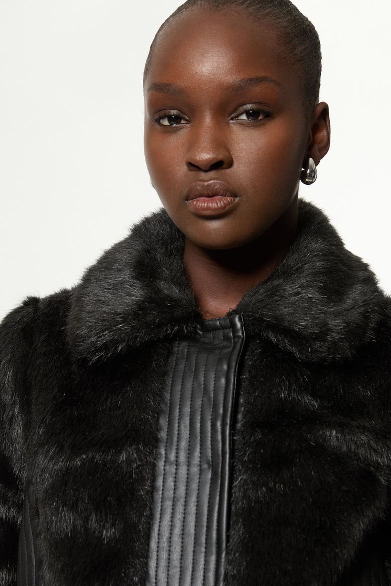 Faux Fur Pu Panel Belted Cropped Jacket, Alternate, color, Black